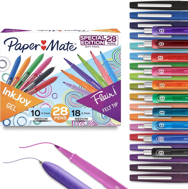 Papermate Pens Variety Pack, InkJoy Retractable Gel Pens, Flair Felt Tip, 28 Count - Assorted Colors, Smooth Writing, Fast Drying - Image 1